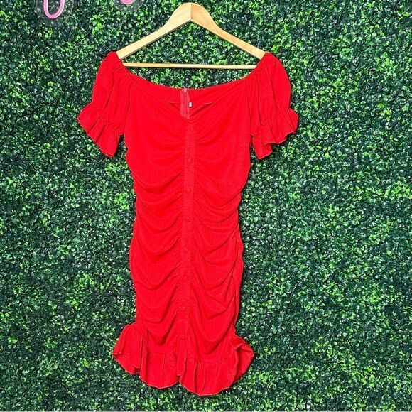 NWOT Ruched Red Off Shoulder Ruffle Mini Dress Sz Small - Picture 1 of 8